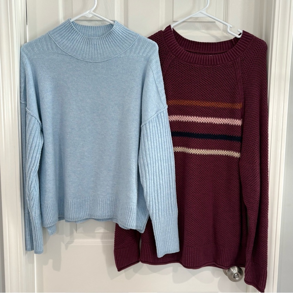 Sonoma Long Sleeve Blue Burgundy Sweater Bundle Women L Stripe Ribbed Casual